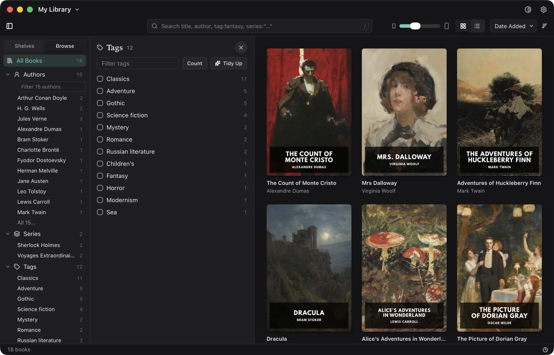 Magnitide: the sidebar browsing by author, series and tag, with every tag open beside the grid, in the Dark theme