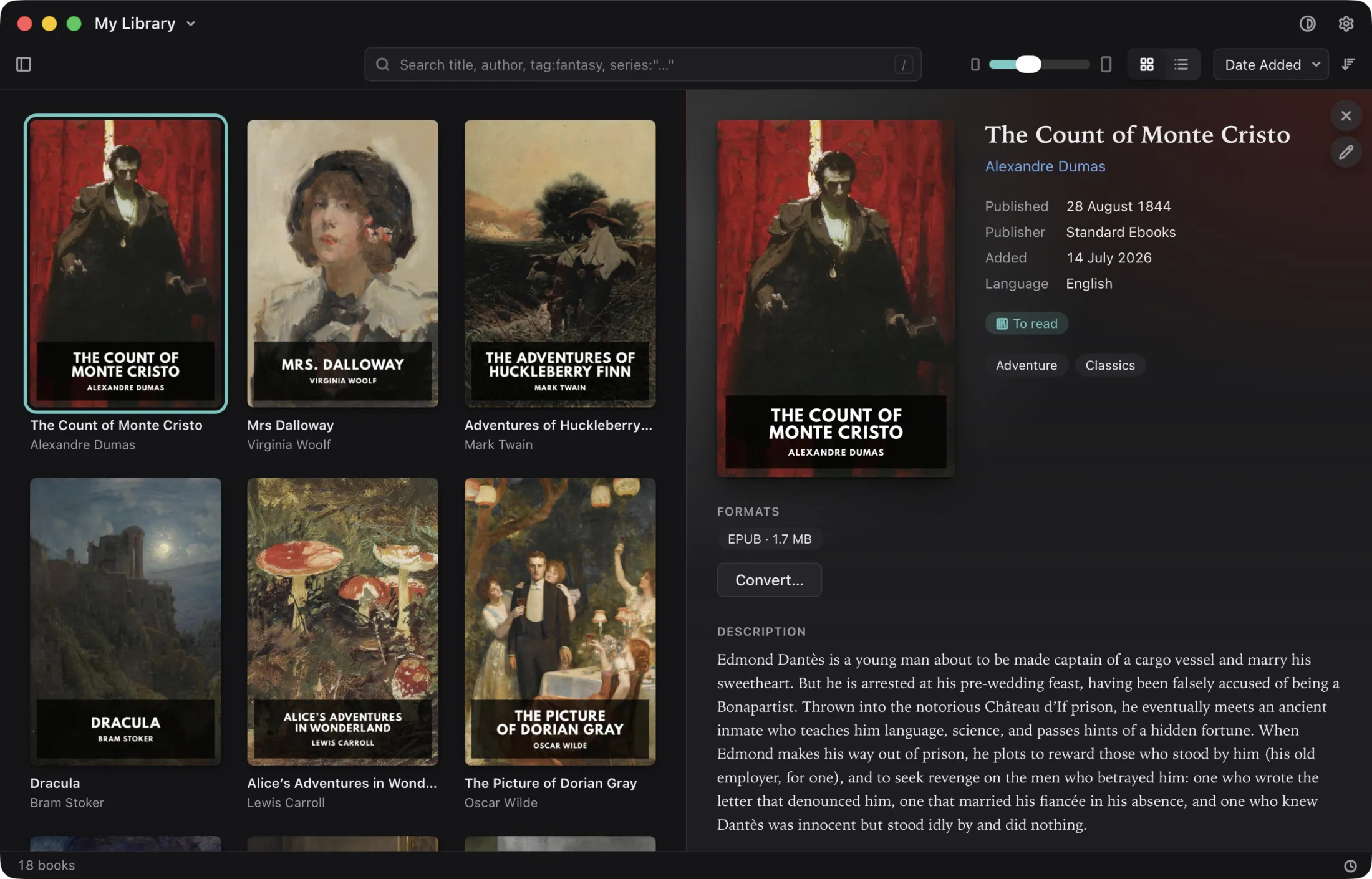 Magnitide: a book’s details beside the grid, their background tinted by its cover, in the Dark theme