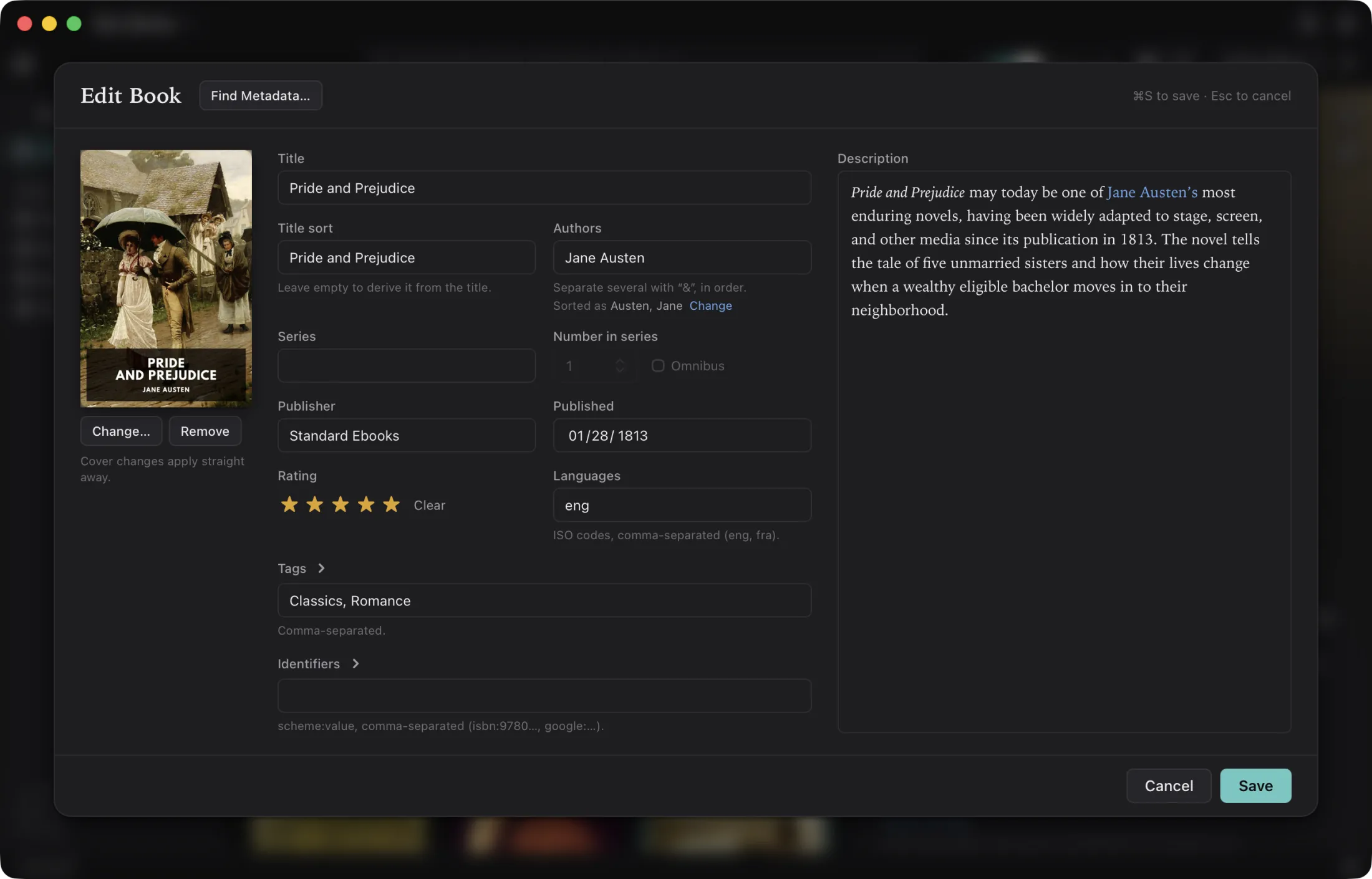 Magnitide: the edit window, every field of a book in one place, in the Dark theme