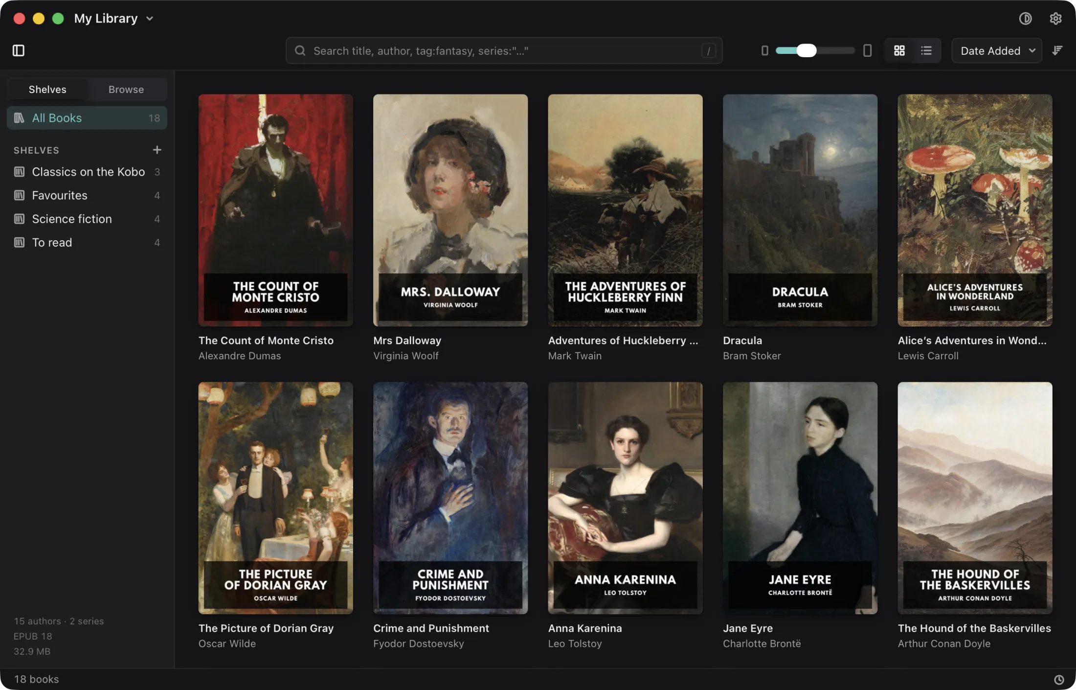 Magnitide: the library as a grid of covers, beside its shelves, in the Dark theme