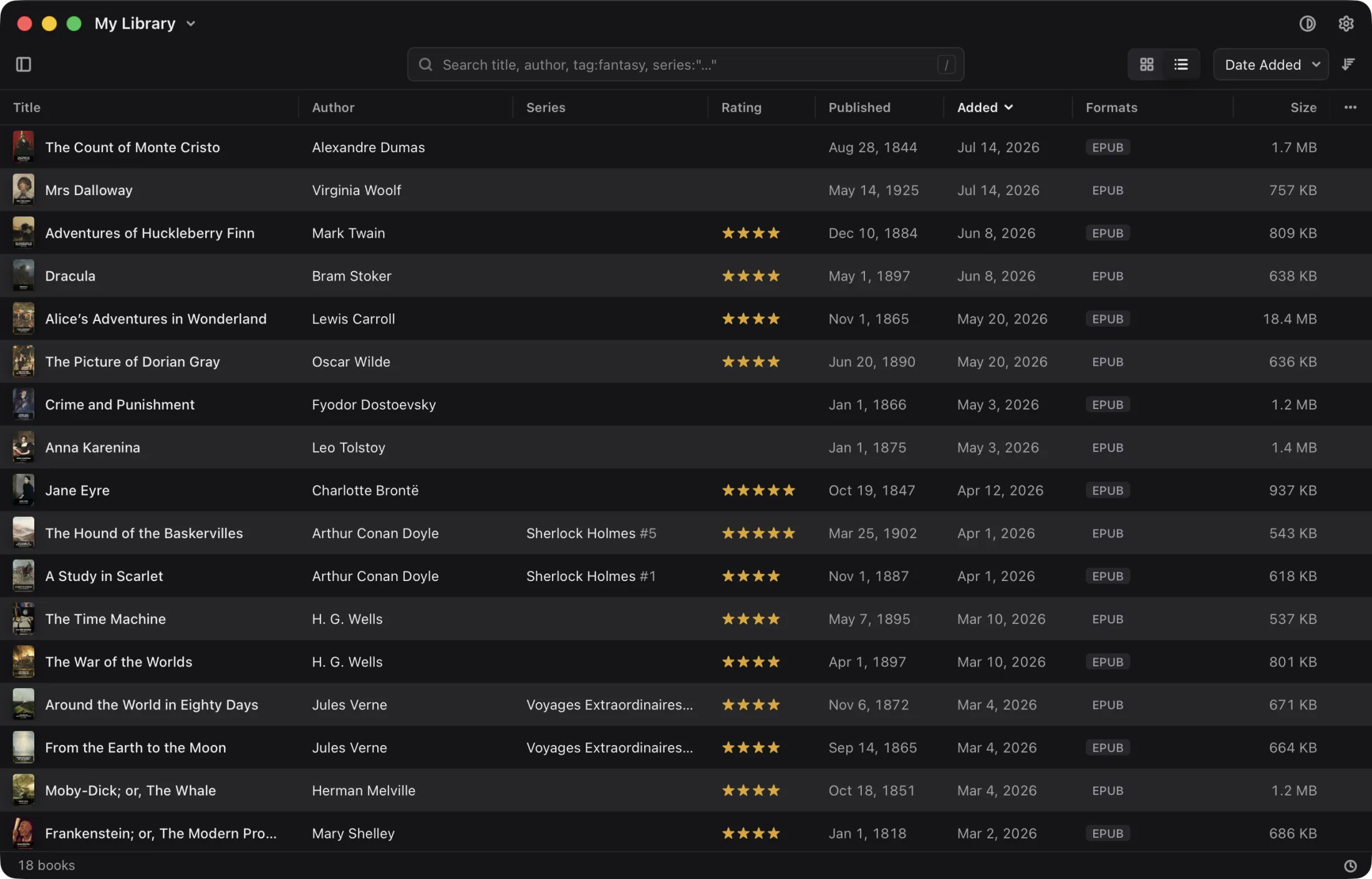 Magnitide: the library as a list, in the Dark theme