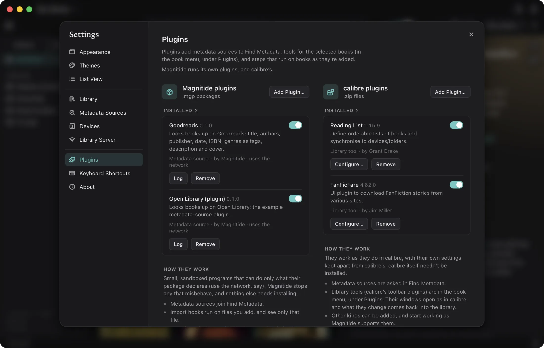 Magnitide's Settings, on Plugins: two Magnitide plugins and two calibre plugins installed side by side, in the Dark theme