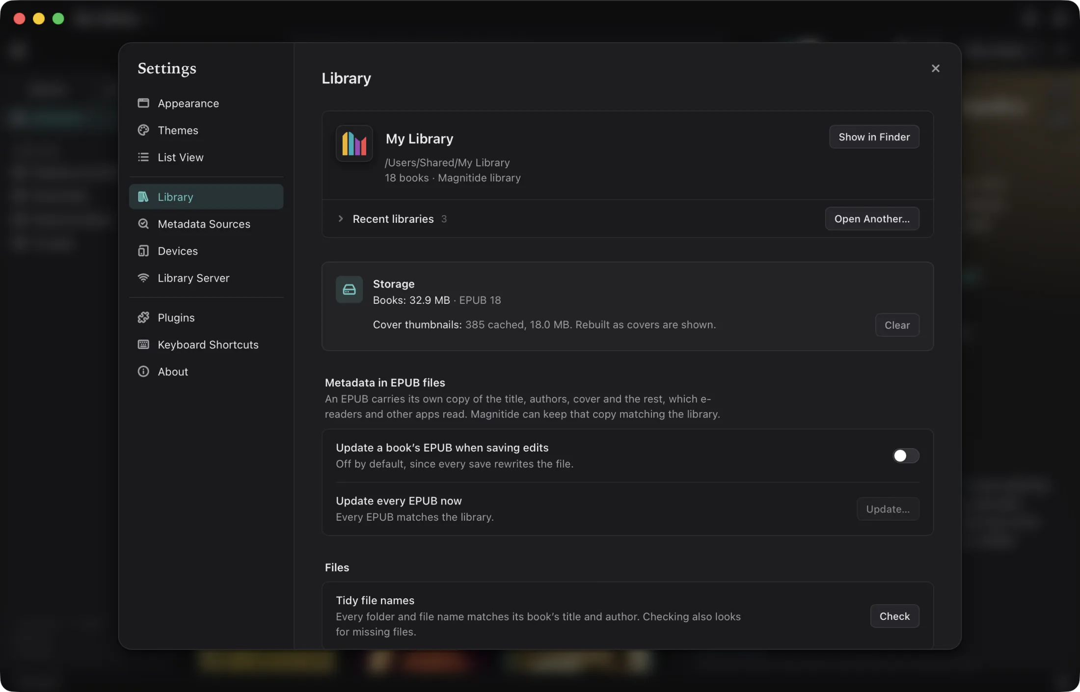 Magnitide: Settings, on the page for the library, in the Dark theme
