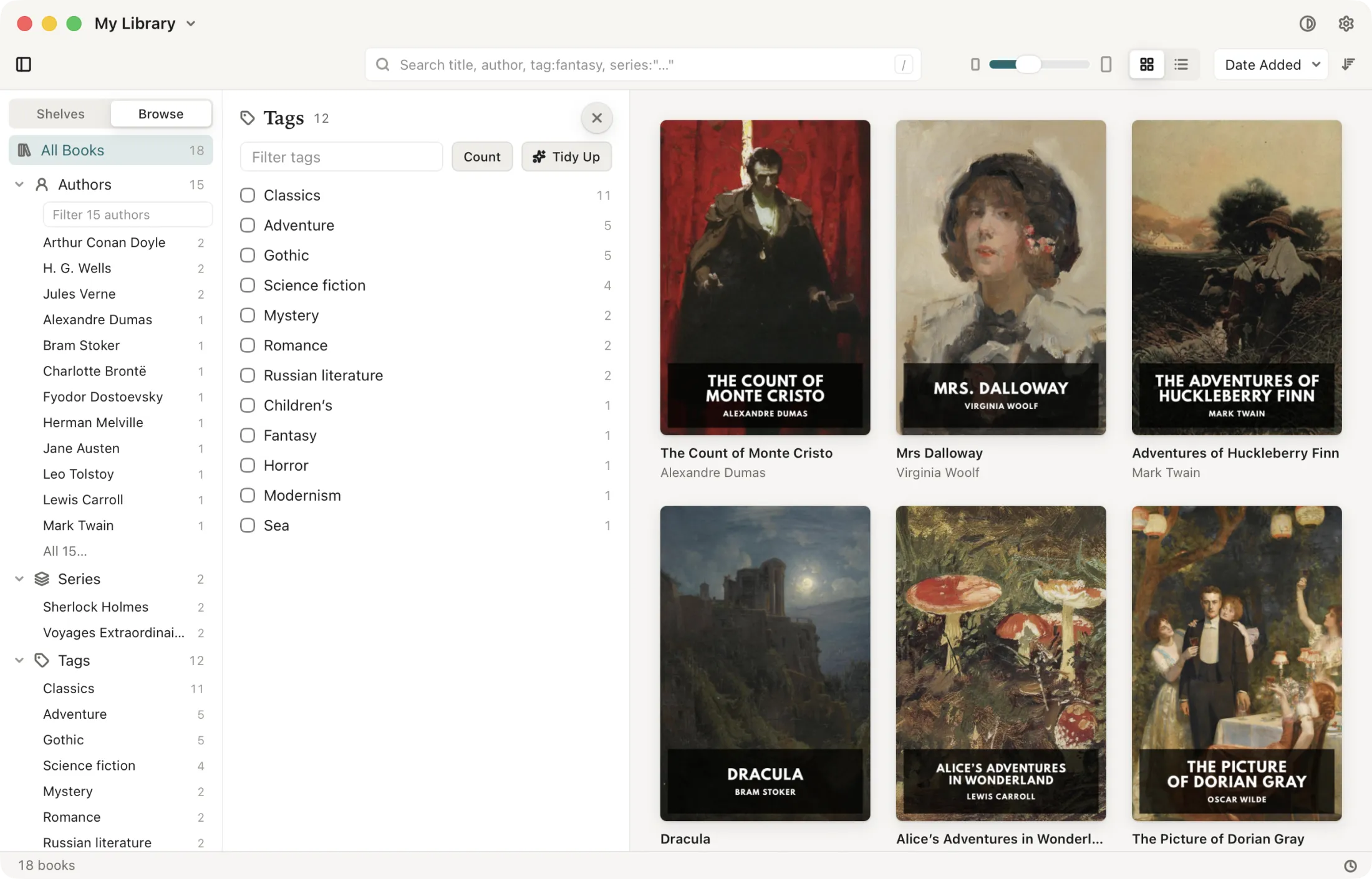 Magnitide: the sidebar browsing by author, series and tag, with every tag open beside the grid, in the Light theme