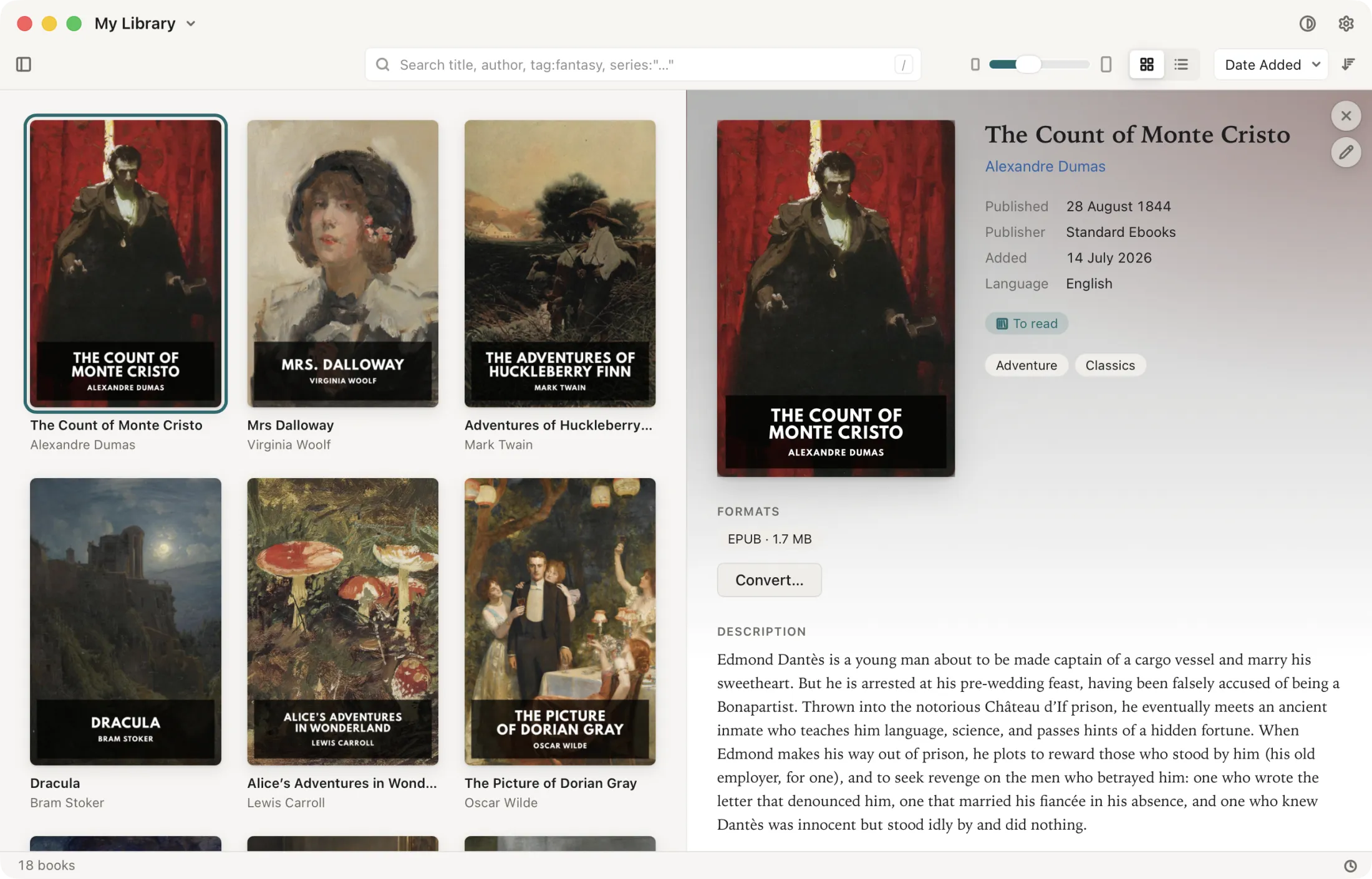 Magnitide: a book’s details beside the grid, their background tinted by its cover, in the Light theme