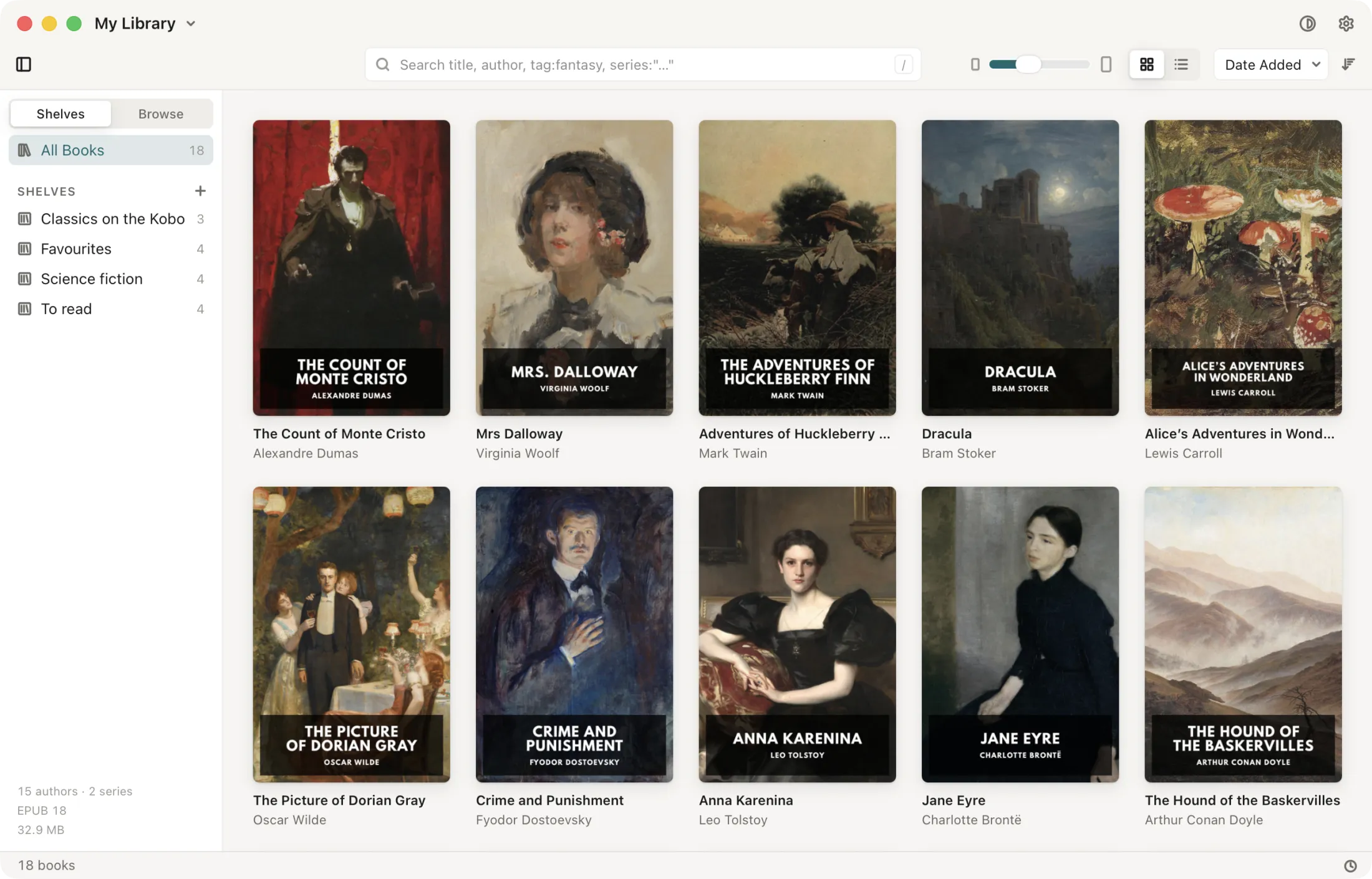 Magnitide: the library as a grid of covers, beside its shelves, in the Light theme