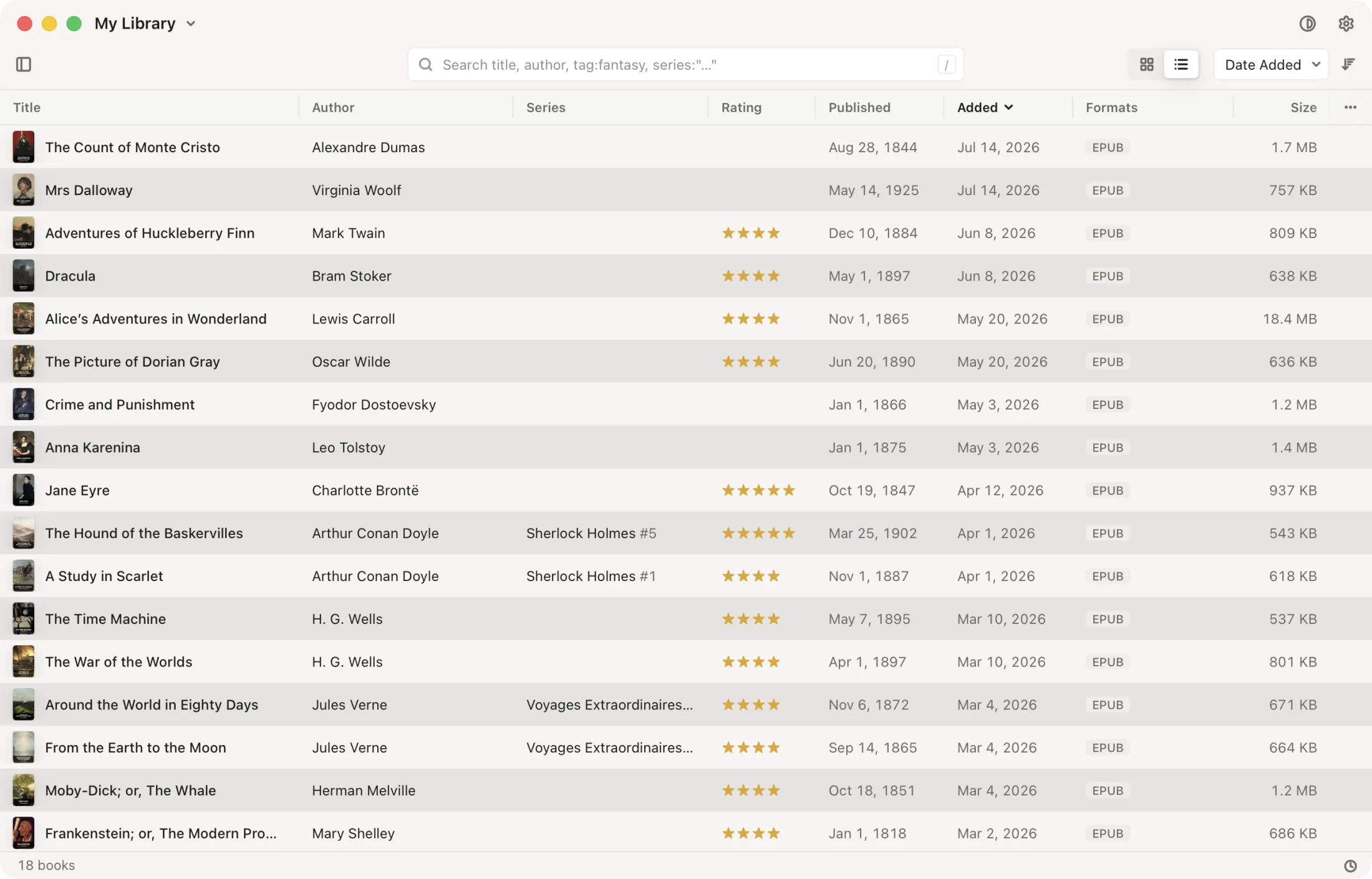 Magnitide: the library as a list, in the Light theme