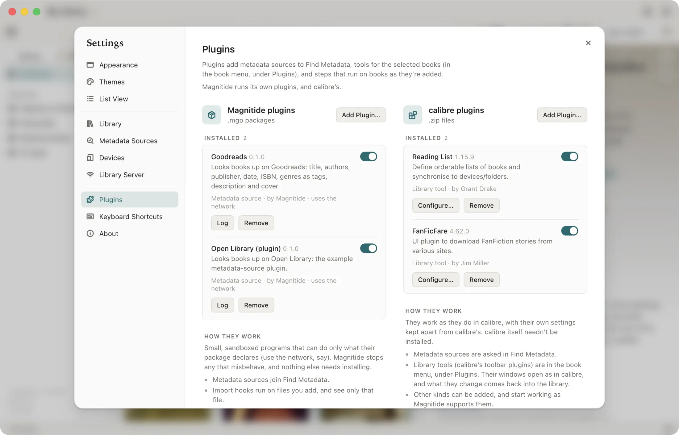 Magnitide's Settings, on Plugins: two Magnitide plugins and two calibre plugins installed side by side, in the Light theme