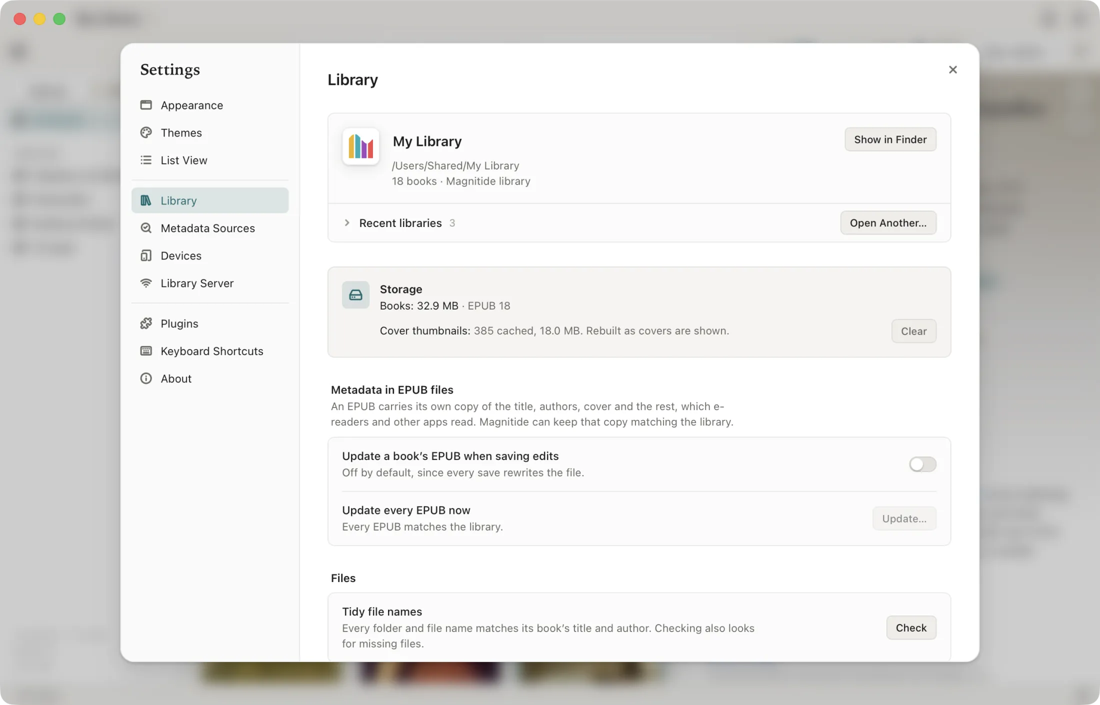 Magnitide: Settings, on the page for the library, in the Light theme
